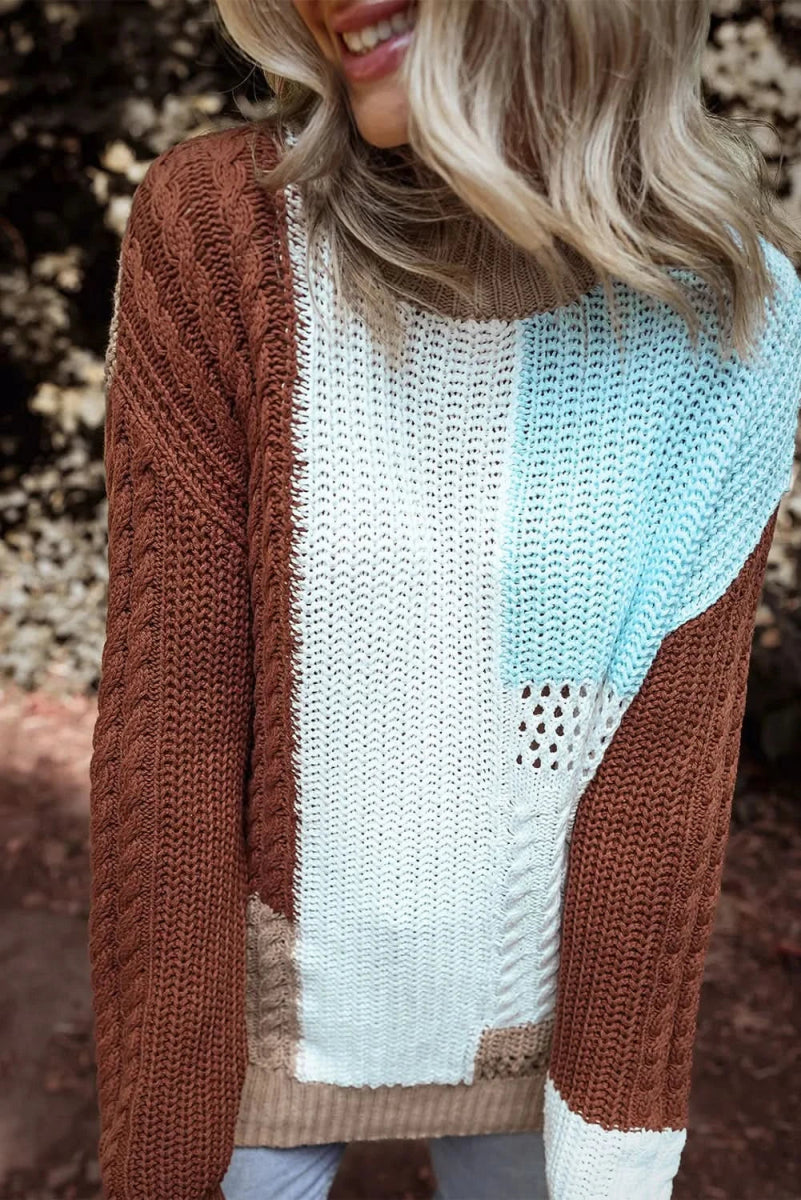 Color Block Round Neck Long Sleeve Sweater - Love Salve