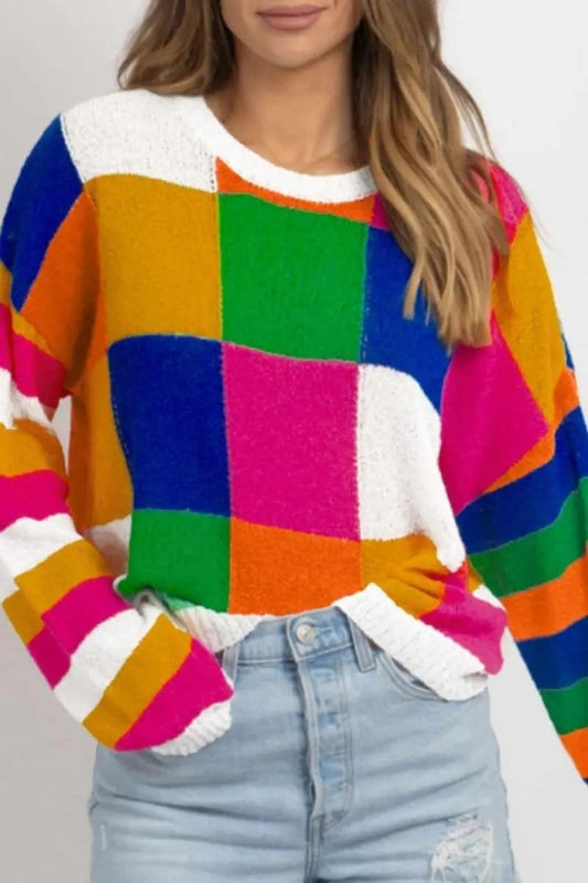 Color Block Round Neck Long Sleeve Sweater - Love Salve