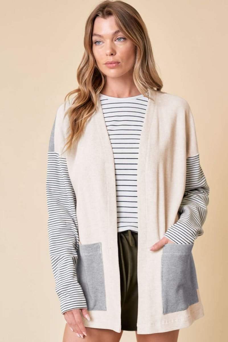 Colorblock Striped Open Front Cardigan with Pockets in Black - Love Salve