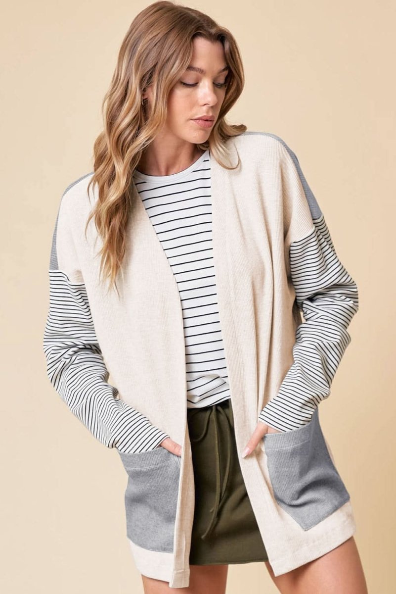 Colorblock Striped Open Front Cardigan with Pockets in Black - Love Salve