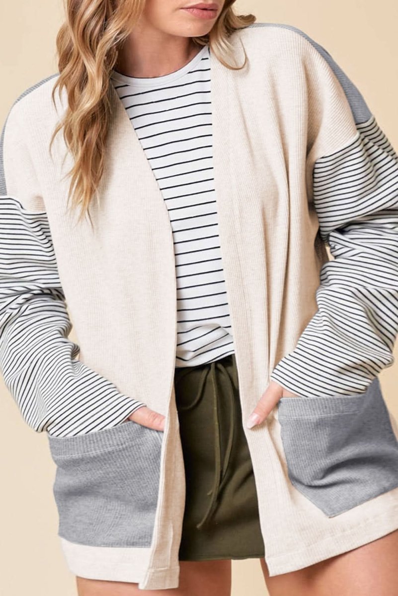 Colorblock Striped Open Front Cardigan with Pockets in Black - Love Salve