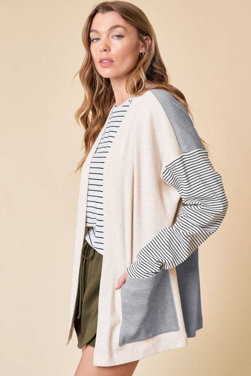 Colorblock Striped Open Front Cardigan with Pockets in Black - Love Salve