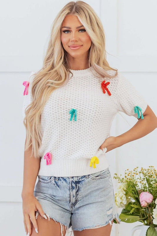 Colorful Bow-Embellished White Knit Mock Neck Sweater - Love Salve