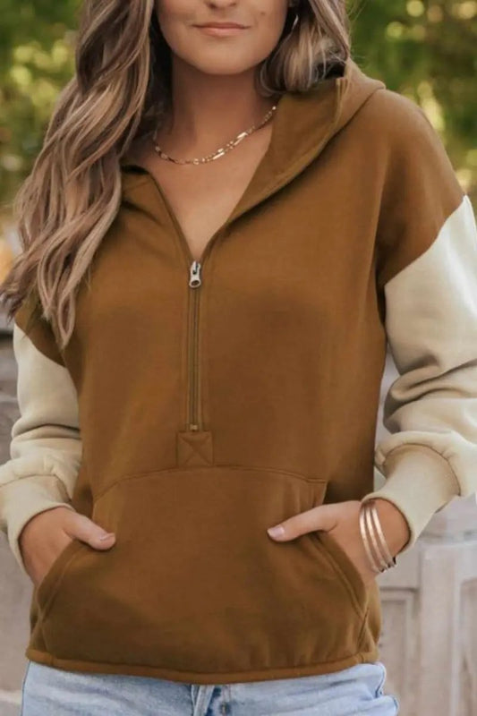 Contrast Half Zip Long Sleeve Hoodie - Love Salve