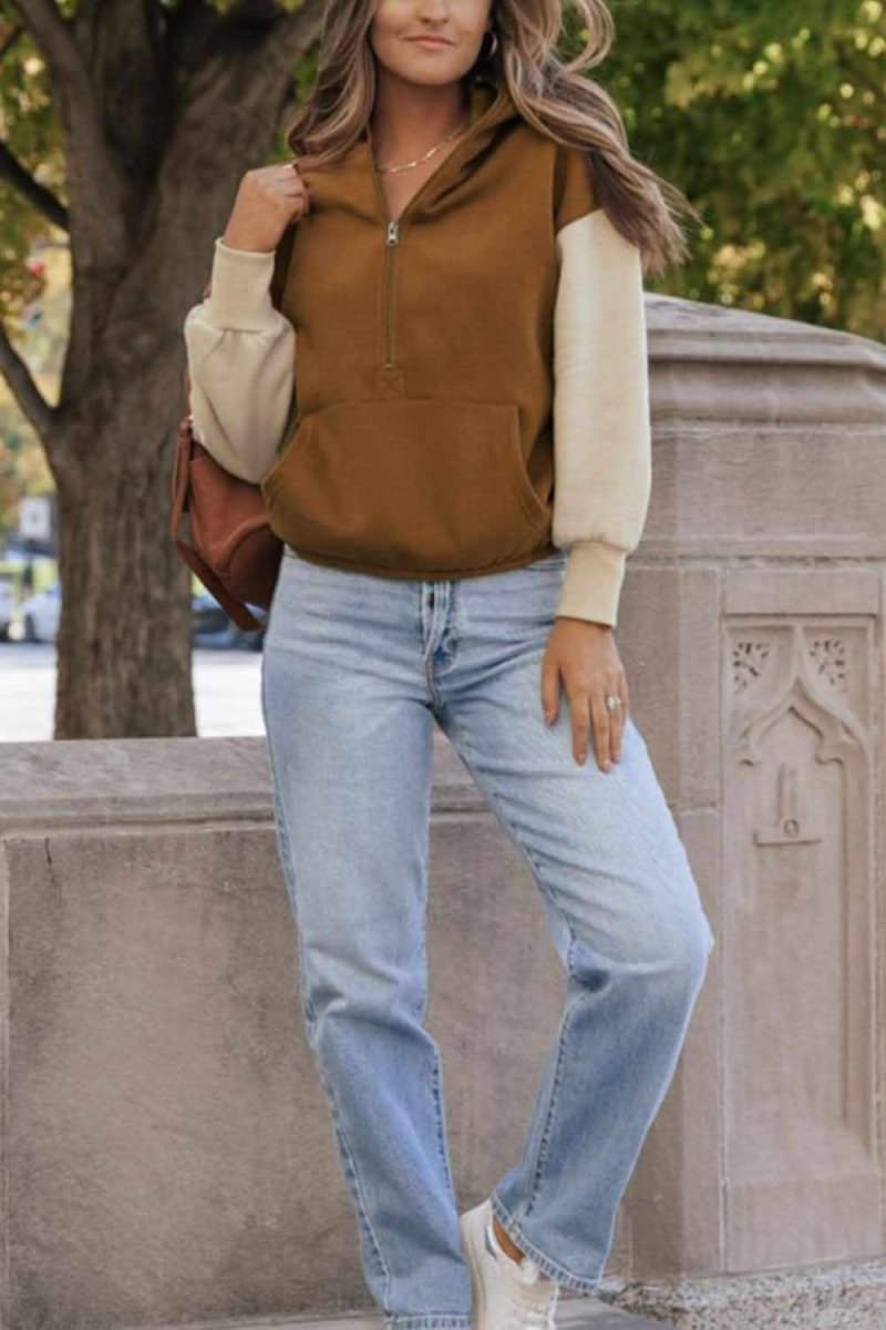 Contrast Half Zip Long Sleeve Hoodie - Love Salve