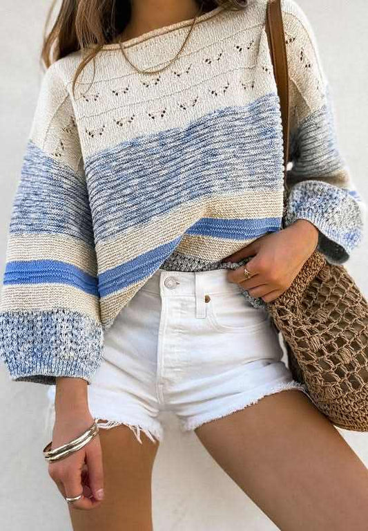 Contrast Round Neck Long Sleeve Sweater - Love Salve