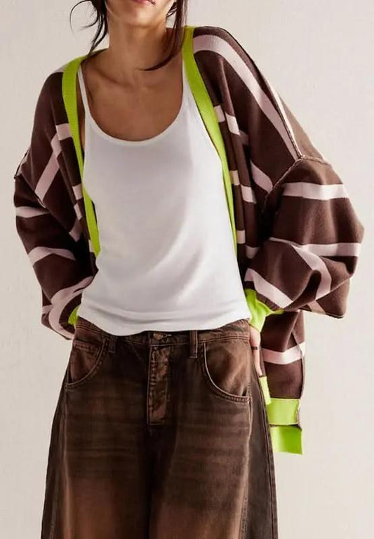 Contrast Stripes Button Down Long Sleeve Cardigan - Love Salve