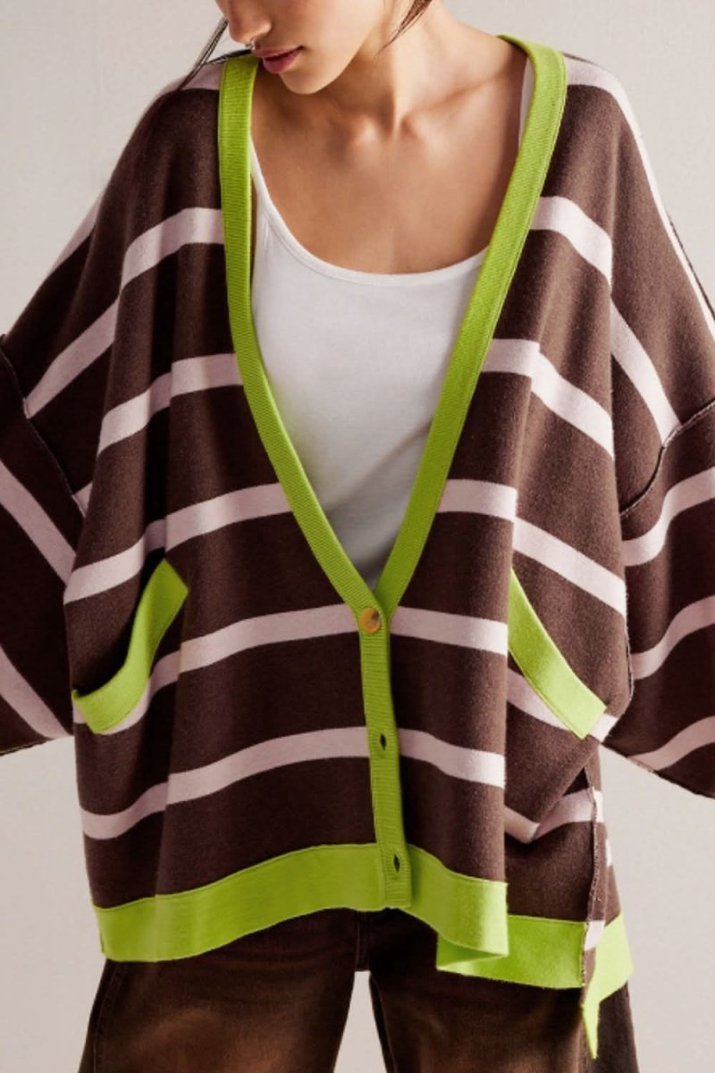 Contrast Stripes Button Down Long Sleeve Cardigan - Love Salve