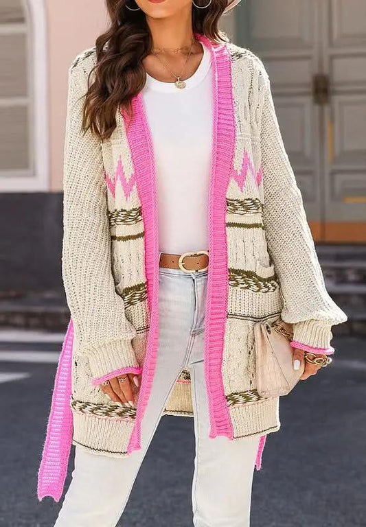 Contrast Tied Open Front Cardigan - Love Salve