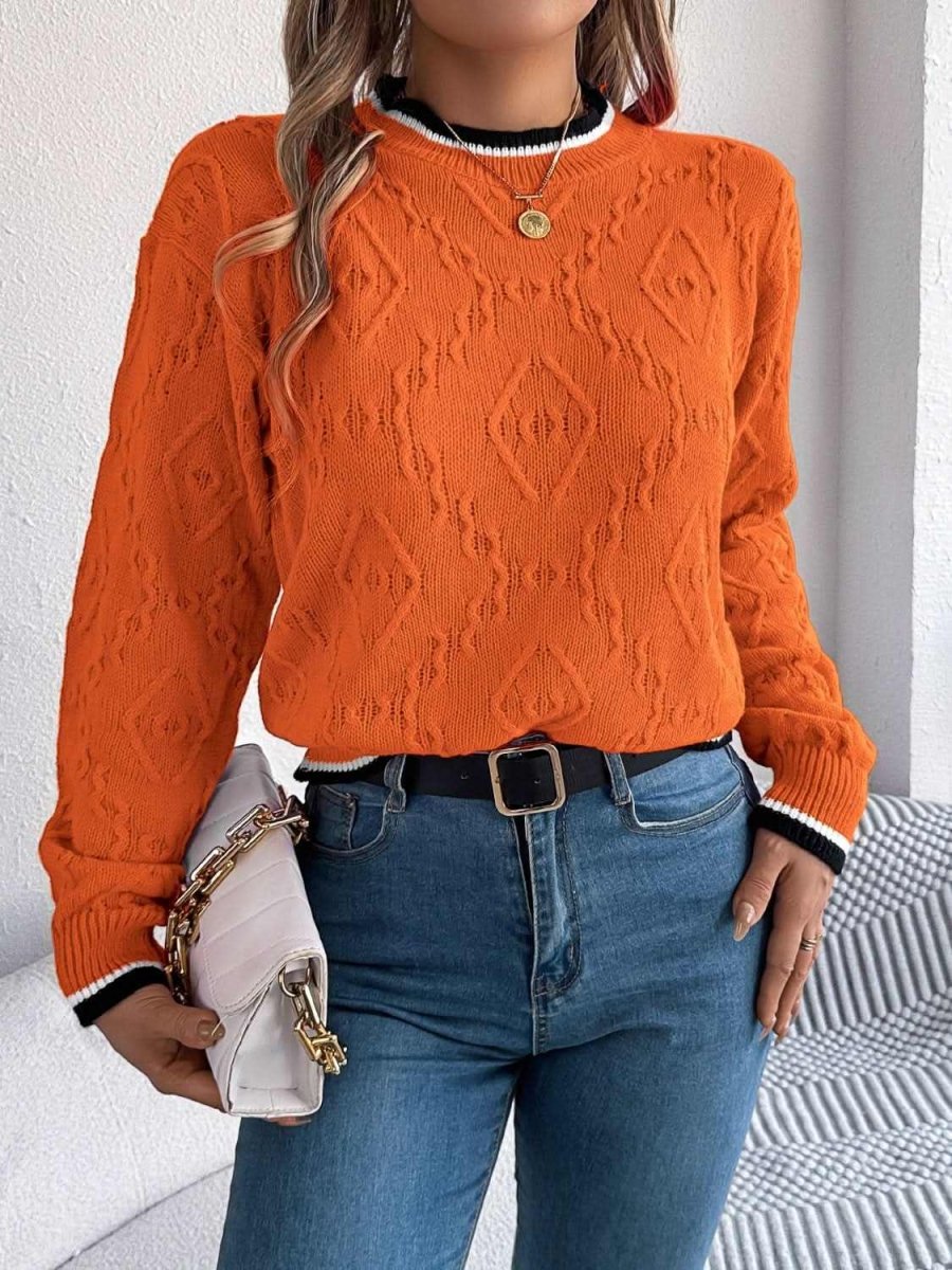 Contrast Trim Round Neck Long Sleeve Sweater - Love Salve