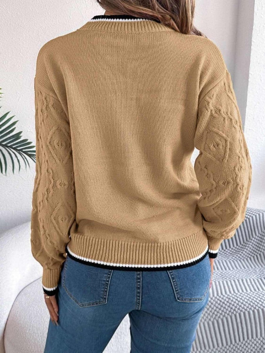 Contrast Trim Round Neck Long Sleeve Sweater - Love Salve