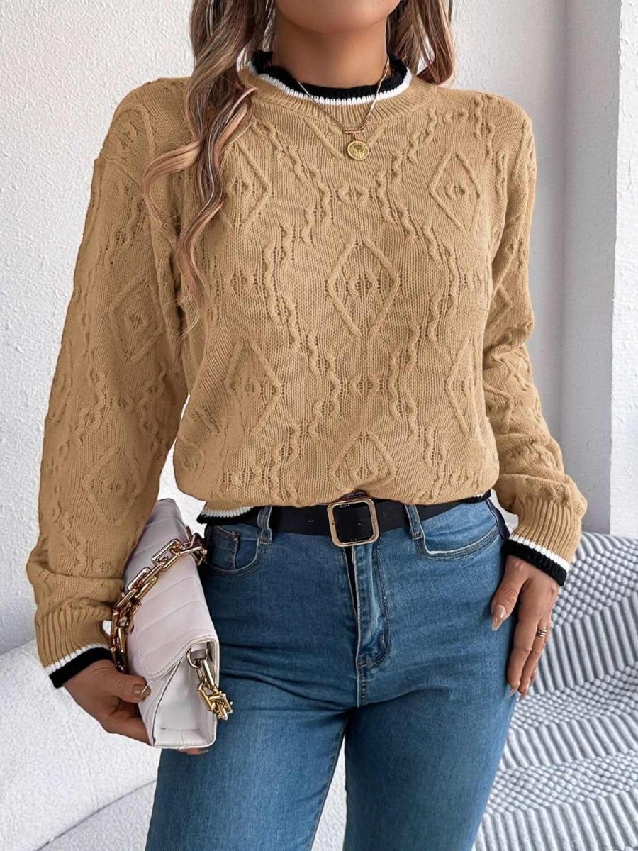 Contrast Trim Round Neck Long Sleeve Sweater - Love Salve