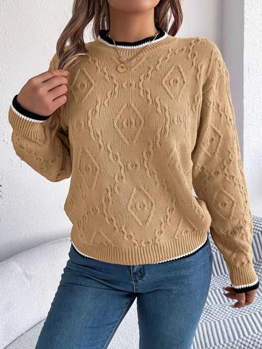Contrast Trim Round Neck Long Sleeve Sweater - Love Salve