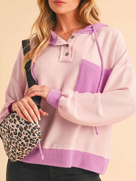 Corded Color Block Drawstring Hoodie - Love Salve