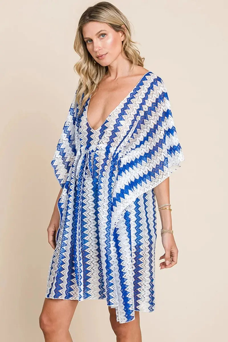 Cotton Bleu by Nu Lab Tied Striped Plunge Half Sleeve Cover Up - Love Salve