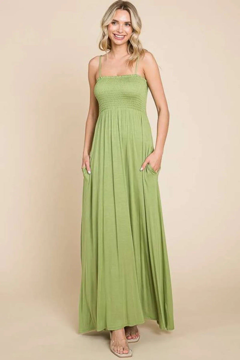 Culture Code Full Size Smocked Cami Maxi Dress with Pockets - Love Salve