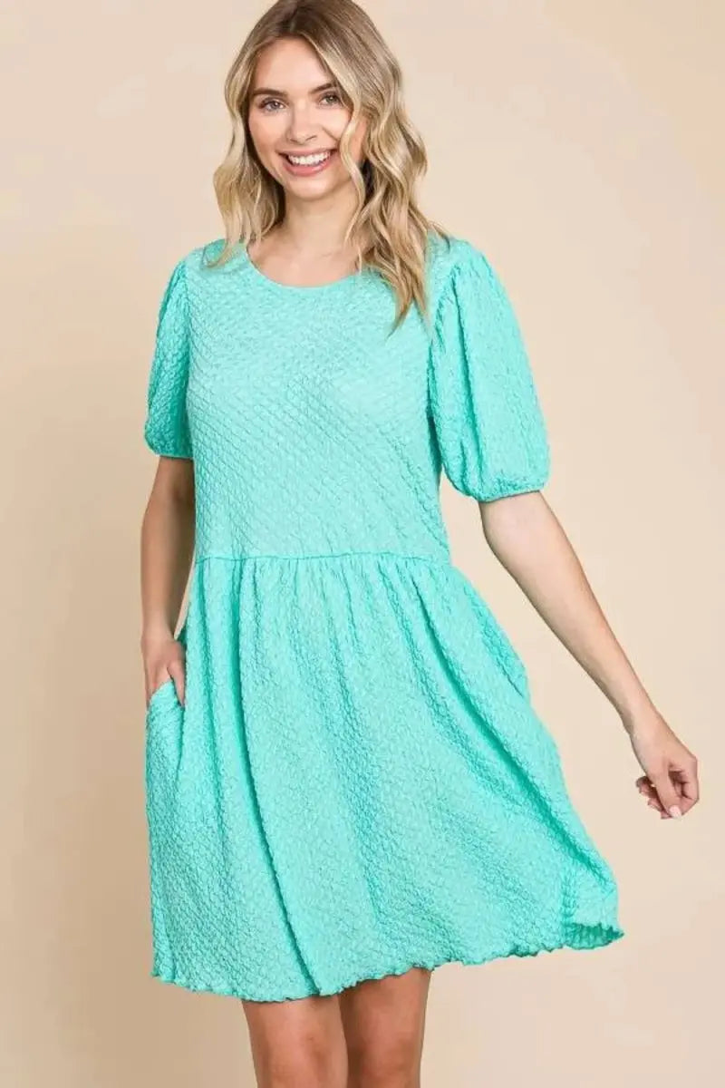 Culture Code Full Size Textured Round Neck Puff Sleeve Dress - Love Salve