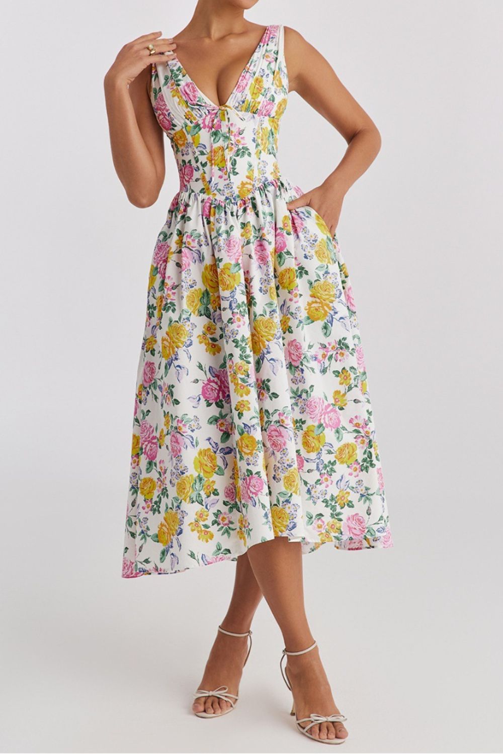 Garden Muse V-Neck Midi Dress with Pockets