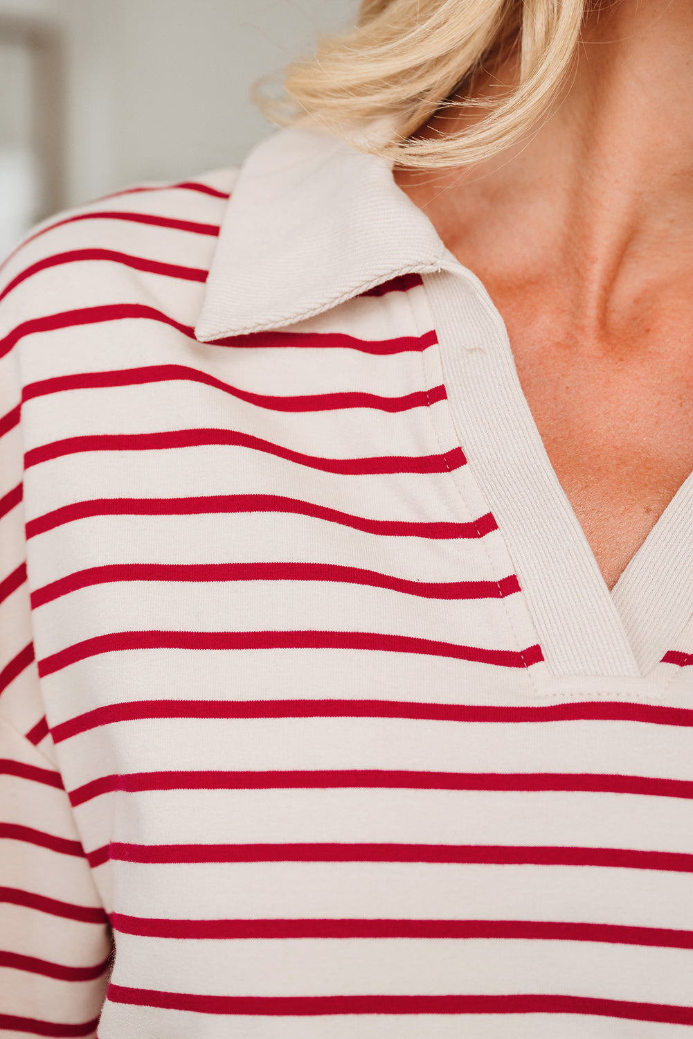 Red Stripe Cropped Collared Pullover and Bubble Mini Skirt