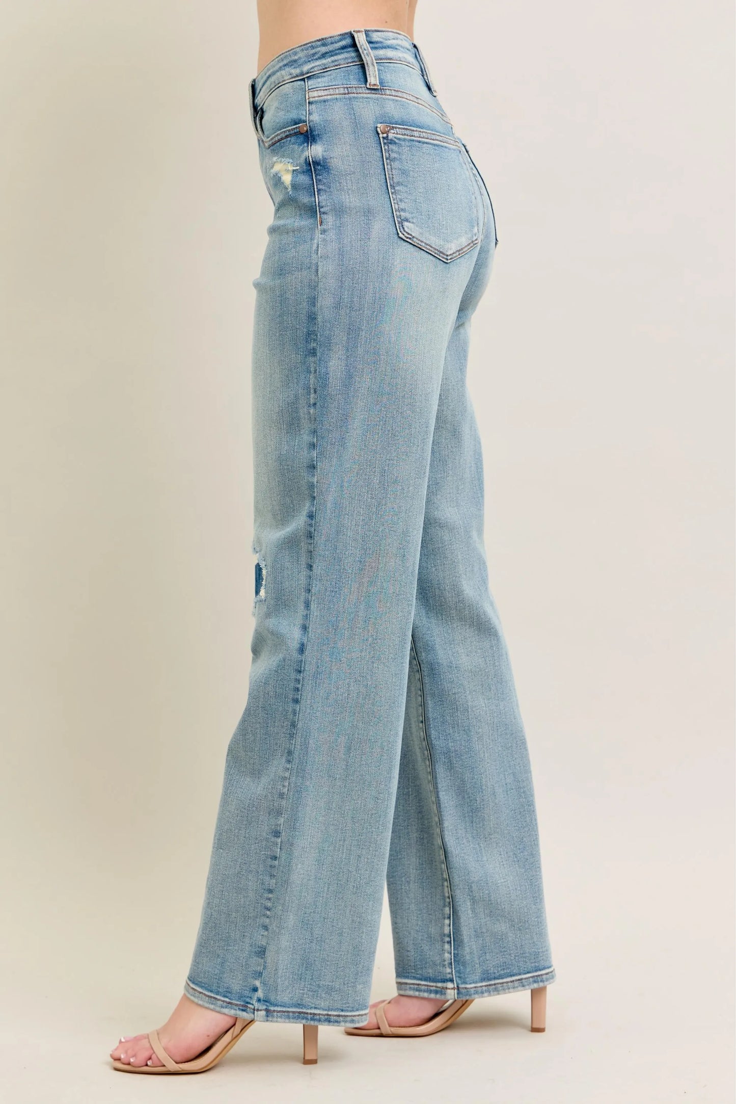 Judy Blue Plus Size High Rise Destroyed Knee Patch Straight Jeans - Love Salve