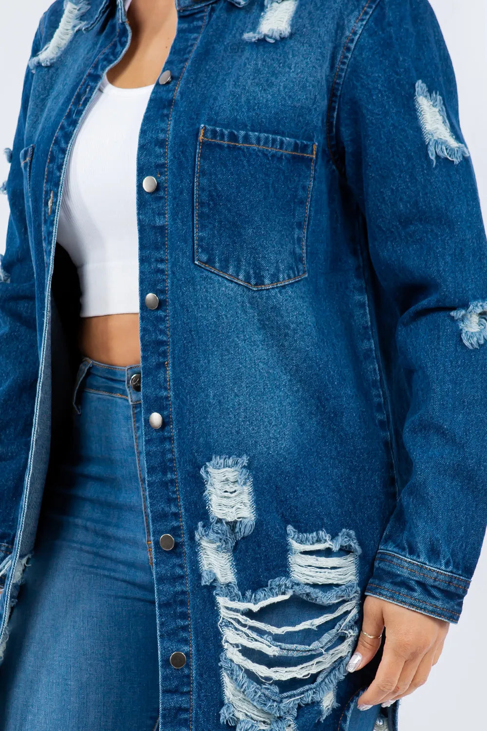 American Bazi Distressed Button Up Long Sleeve Denim Jacket - Love Salve