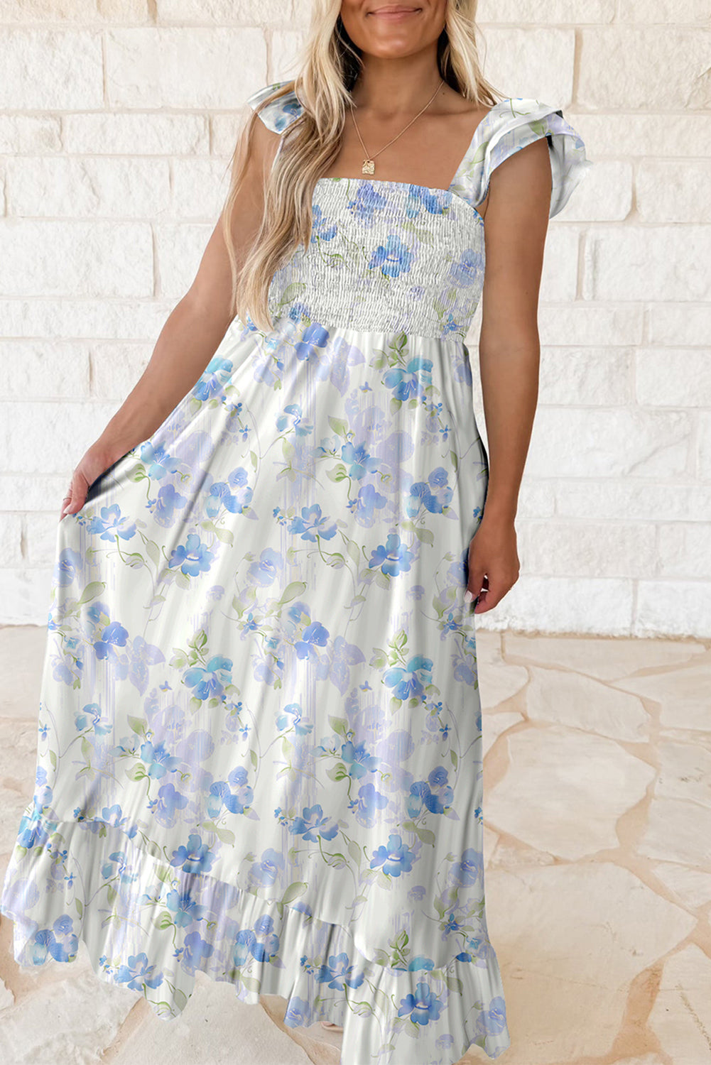 Sky Blue Floral Smocked High Waist Ruffle Sleeveless Dress