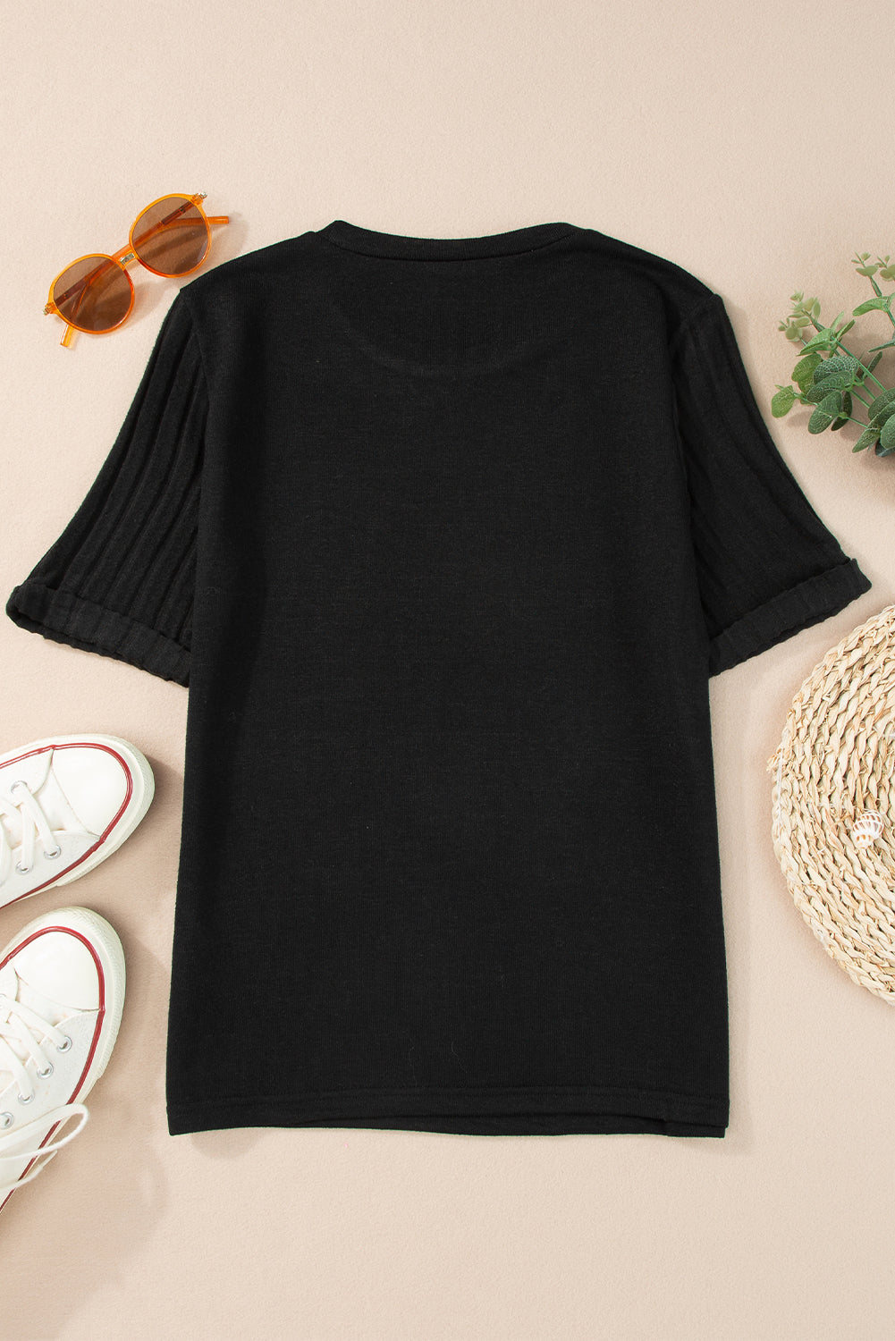 Alma Ribbed Splicing Sleeve Round Neck Top for Women - Love Salve