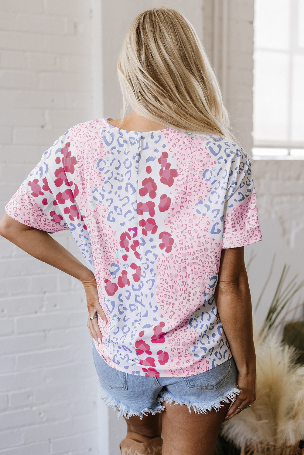 Pink Mixed Leopard Print V Neck Short Sleeve Blouse Women