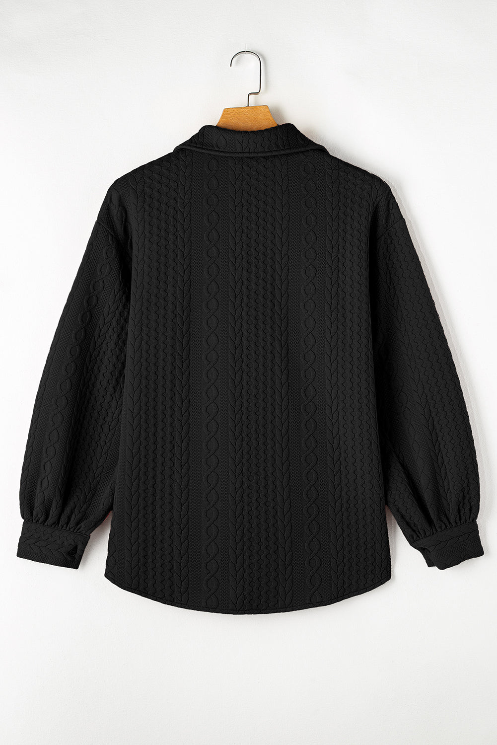 Premium Black Cable Texture Puff Sleeve Shacket Loose Fit Outerwear