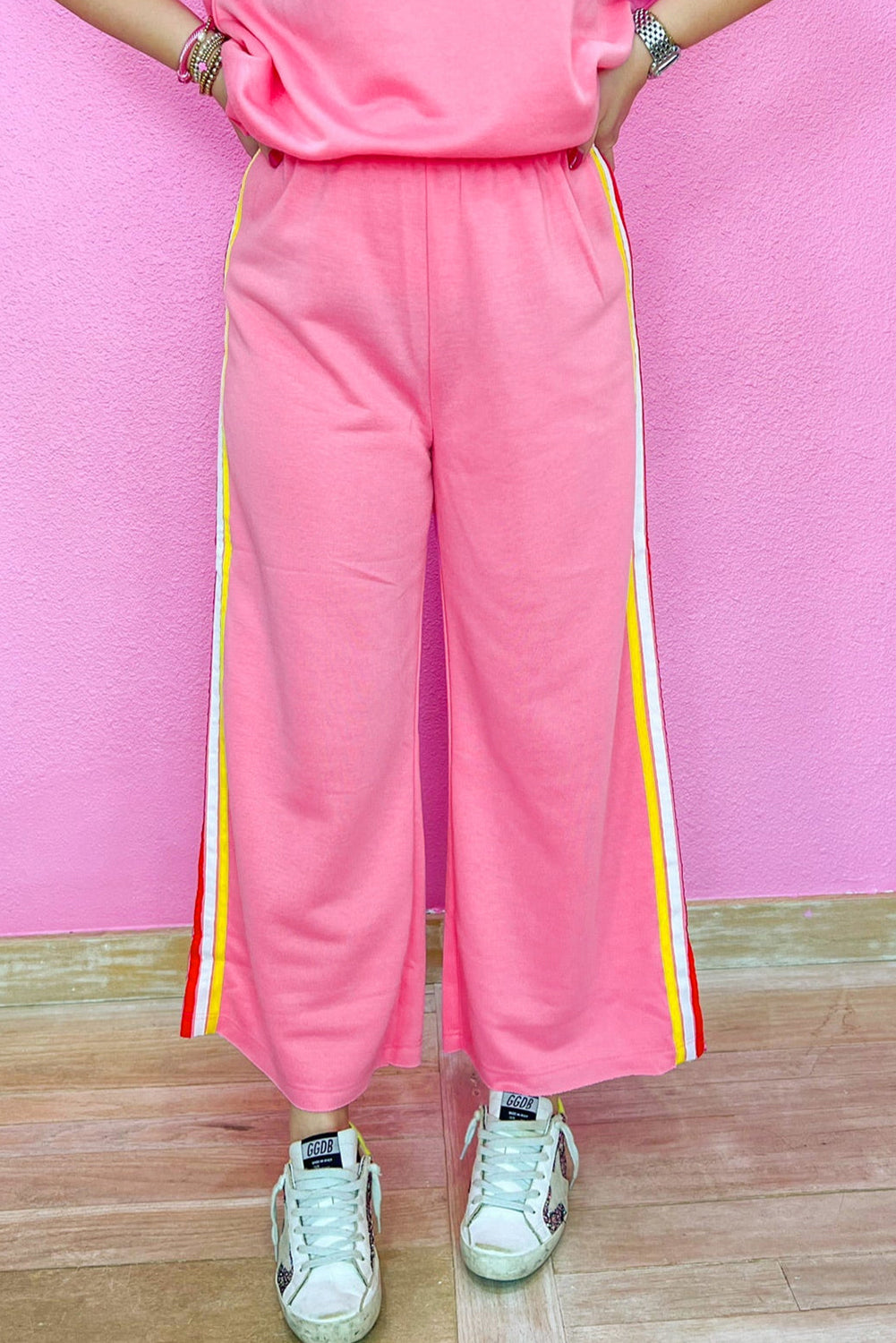 Bonbon Color Contrast Crewneck T Shirt and Wide Leg Pants Set