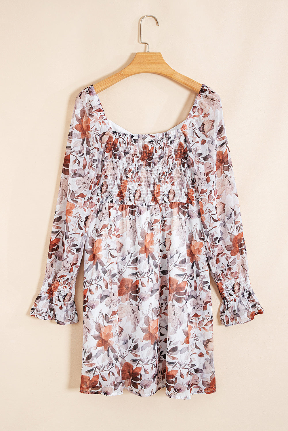 White Floral Print Sweetheart Neck Long Sleeve Mini Dress