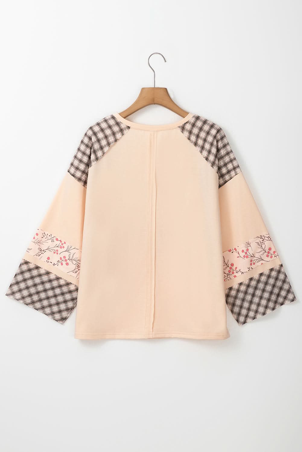 Beige Plaid Floral Peace Heart Graphic Wide Long Sleeve Top - Love Salve