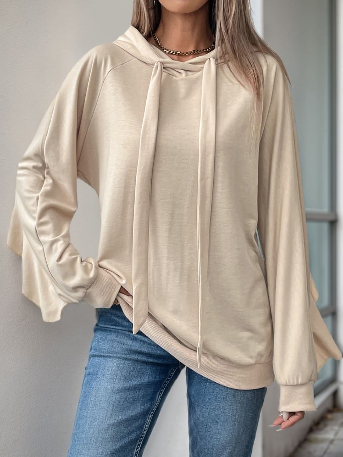 Perfee Drawstring Ruffled Long Sleeve Hoodie - Love Salve