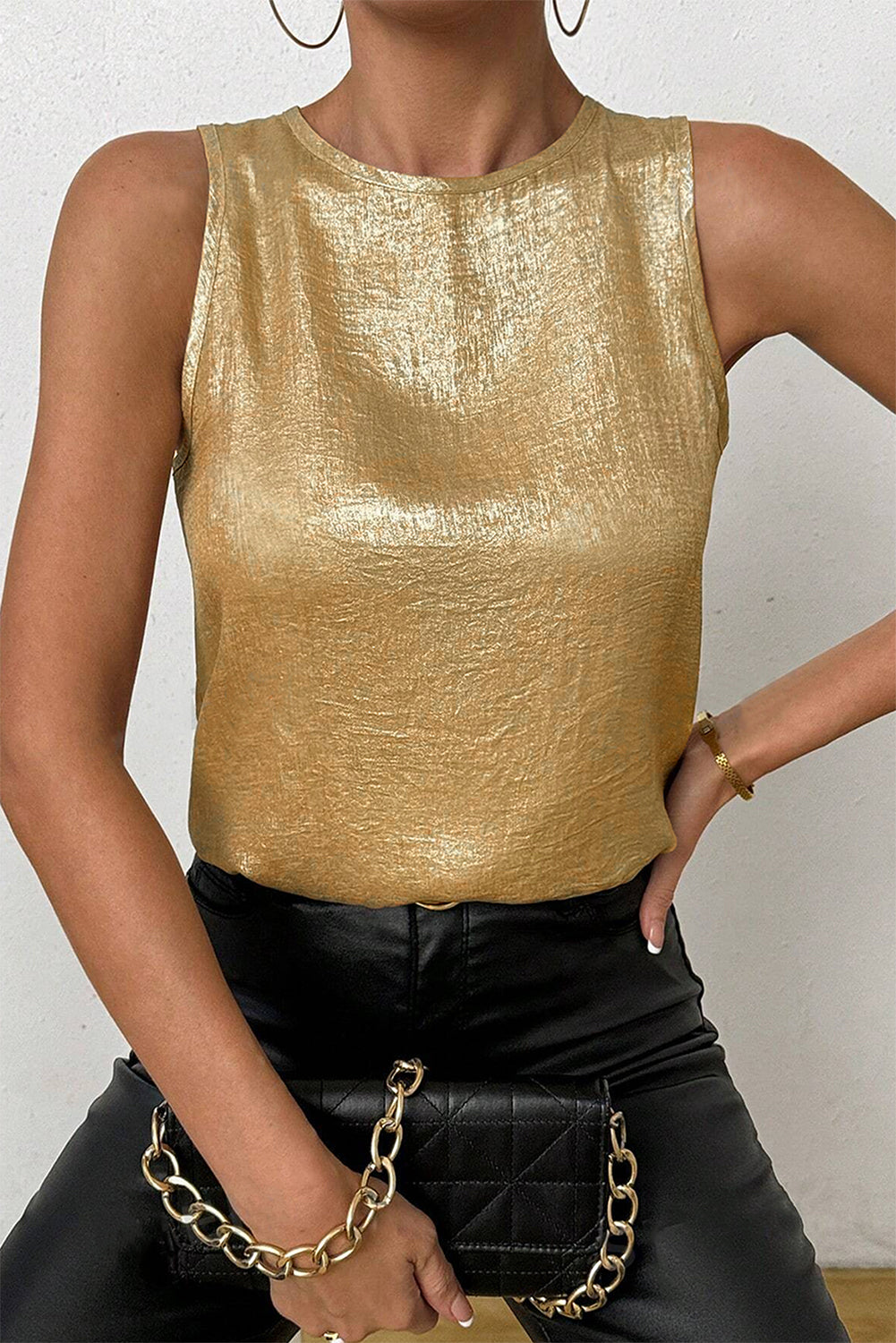 Gold Metal Textured Round Neck Casual Tank Top for Women