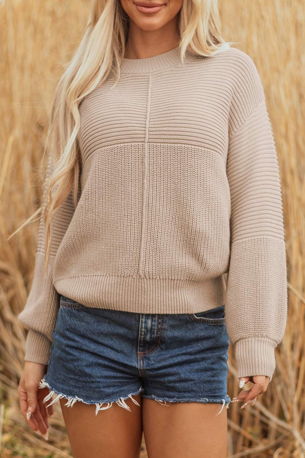 Premium Parchment Mixed Texture Patchwork Knitted Puff Sleeve Sweater