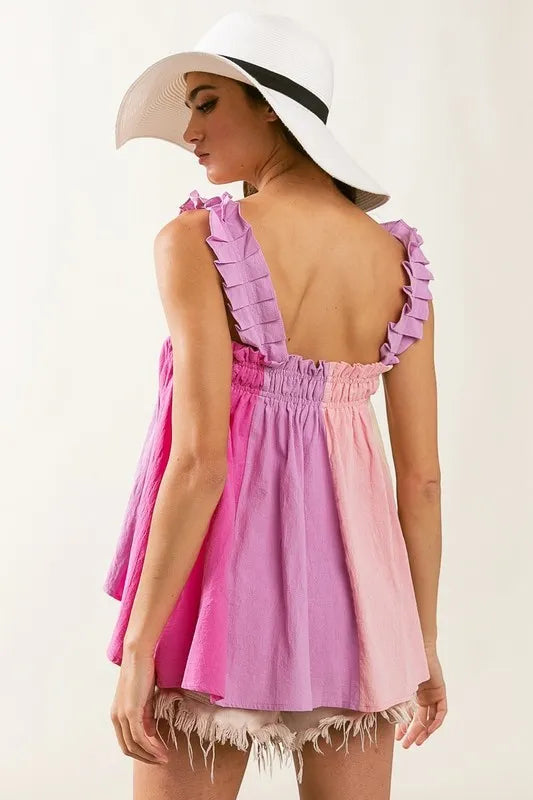 BiBi Frill Shoulder Strap Color Block Bodice Top - Love Salve
