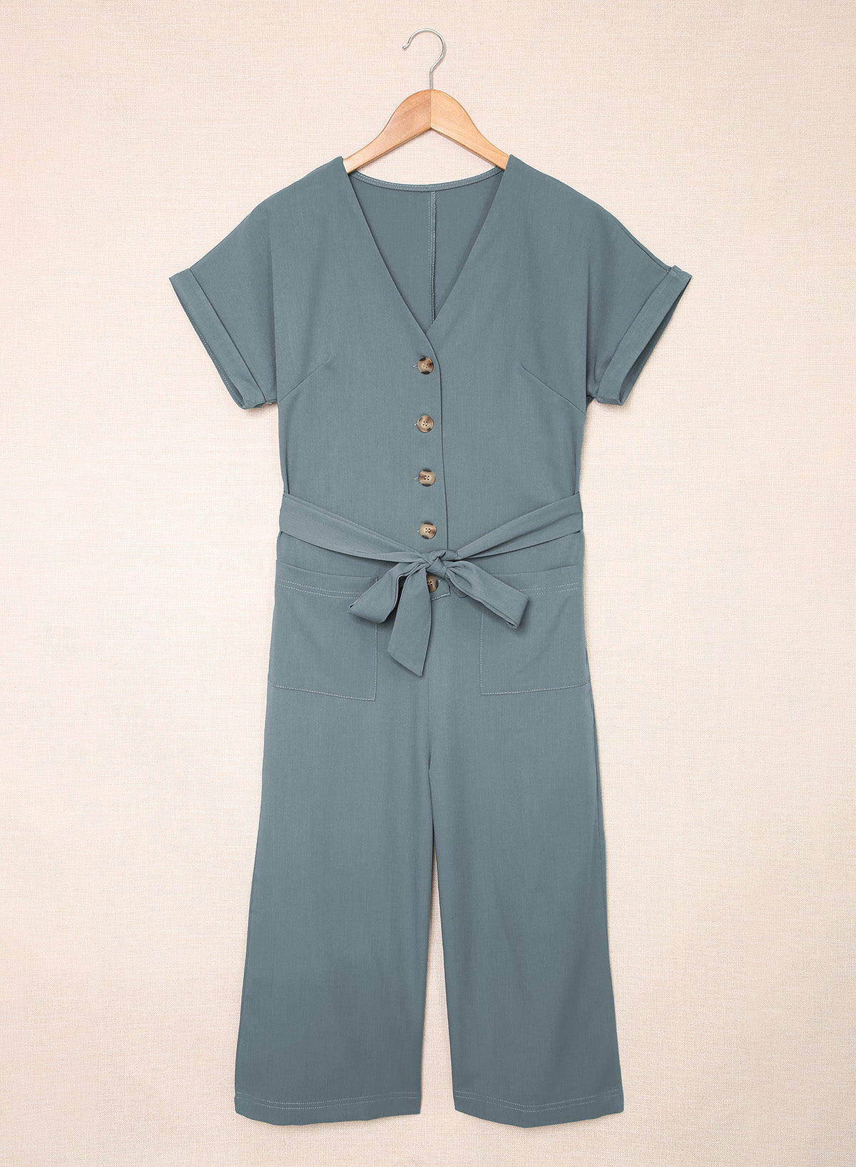 Blue Dolman Button Belted V Neck Wide Leg Jumpsuit