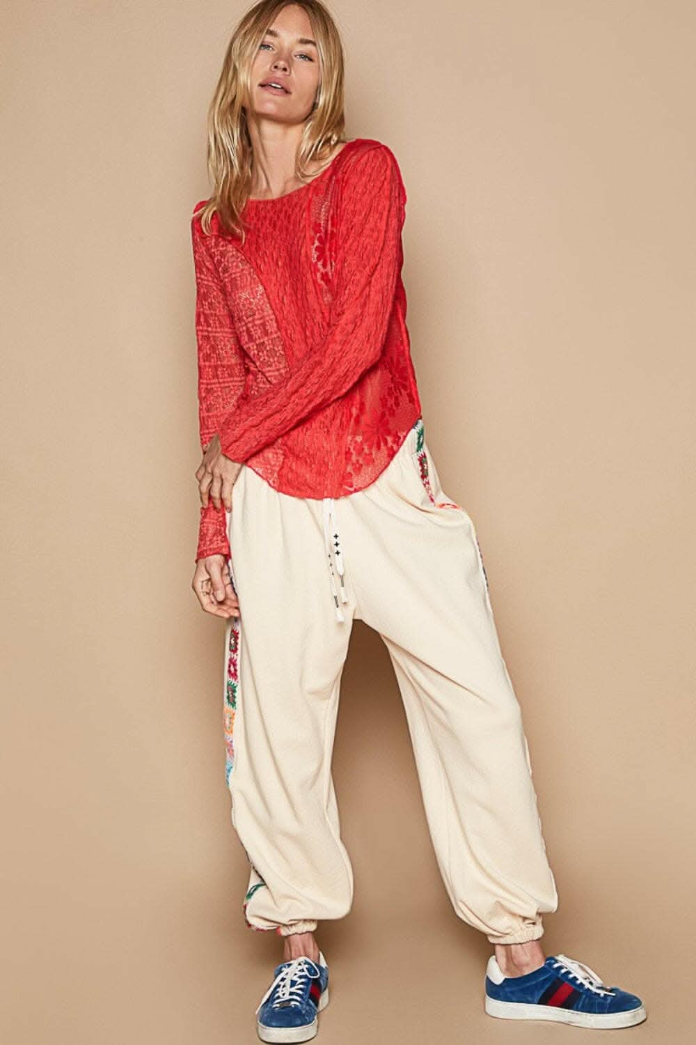POL Exposed Seam Long Sleeve Lace Knit Top - Love Salve