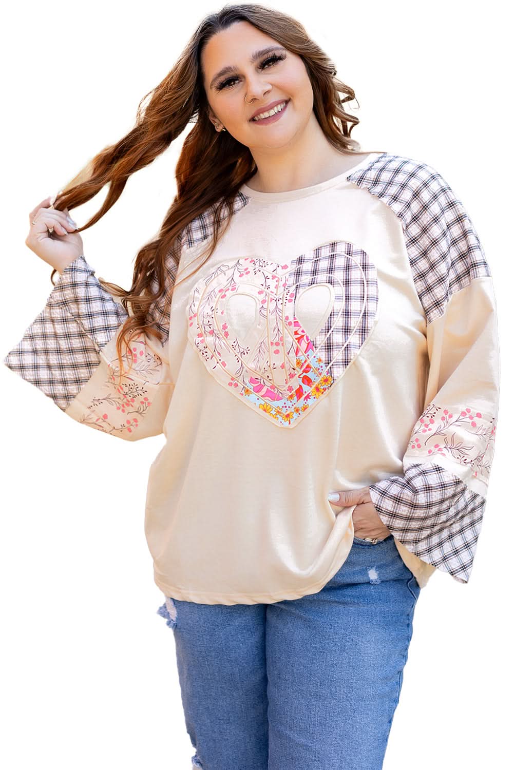 Beige Plaid Floral Peace Heart Graphic Wide Long Sleeve Top - Love Salve