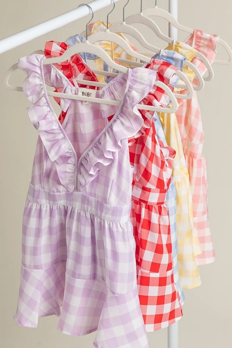 BiBi Ruffled Neckline Sleeveless Check Plaid Peplum Top - Love Salve