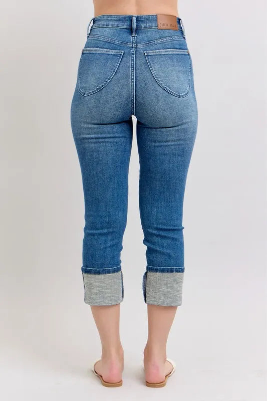 Judy Blue Plus Size Skinny Cuff Capris Jeans with Pockets - Love Salve