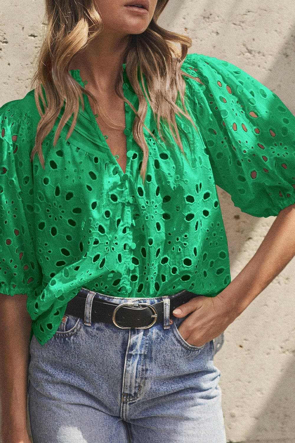 Elegant eyelet blouse - cotton, button-up - Love Salve
