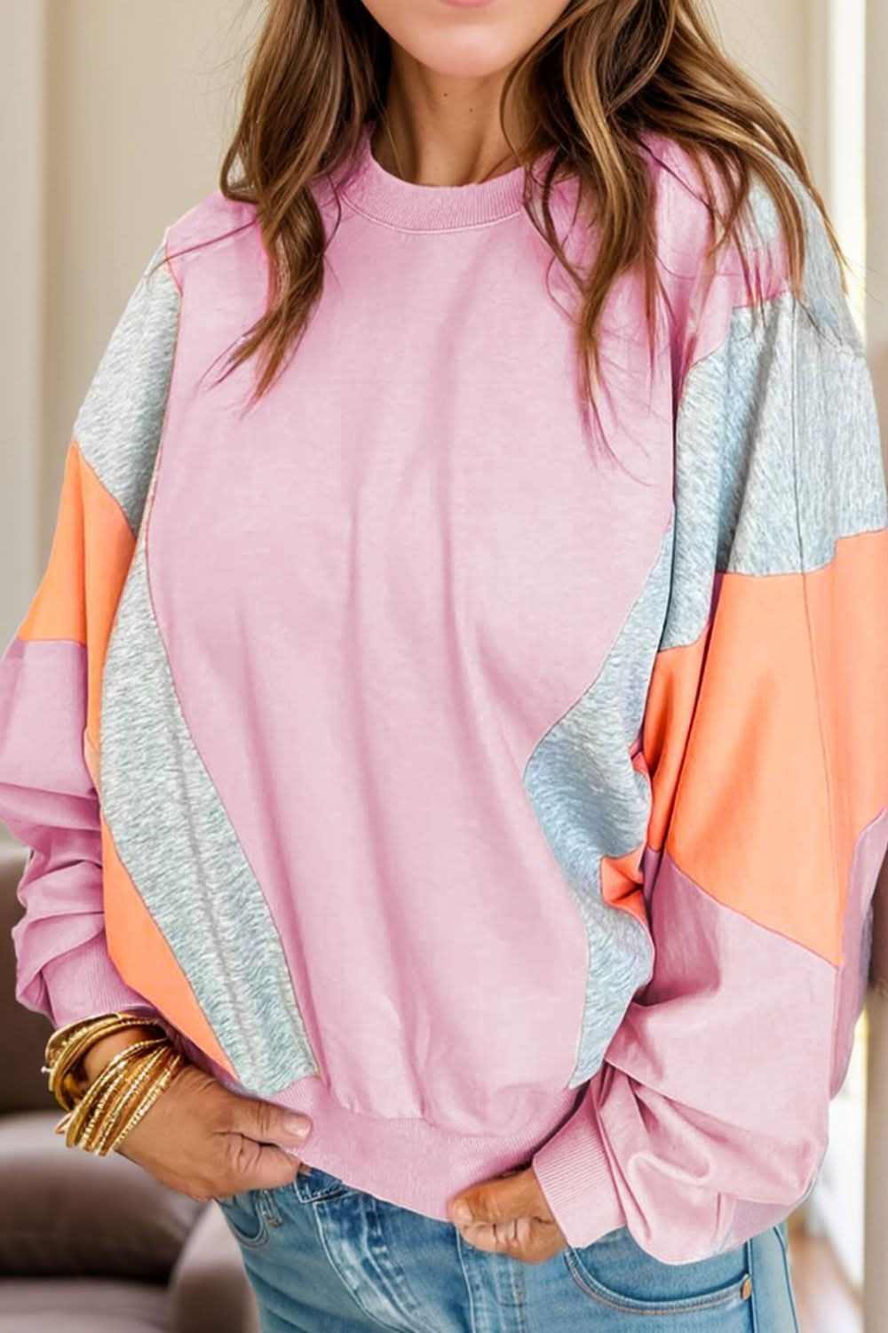 Color Block Round Neck Long Sleeve Sweatshirt - Love Salve