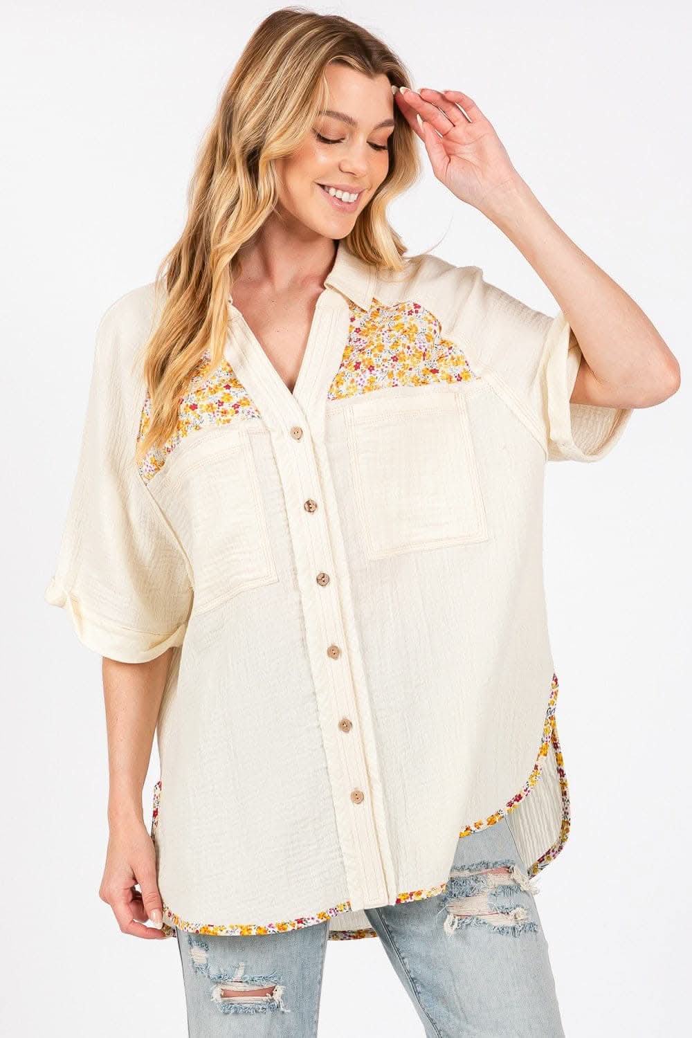 SAGE + FIG Full Size Floral Detail Button Up Short Sleeve Shirt - Love Salve