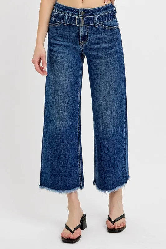 Risen Raw Hem Wide Leg Attached Buckle Jeans - Love Salve