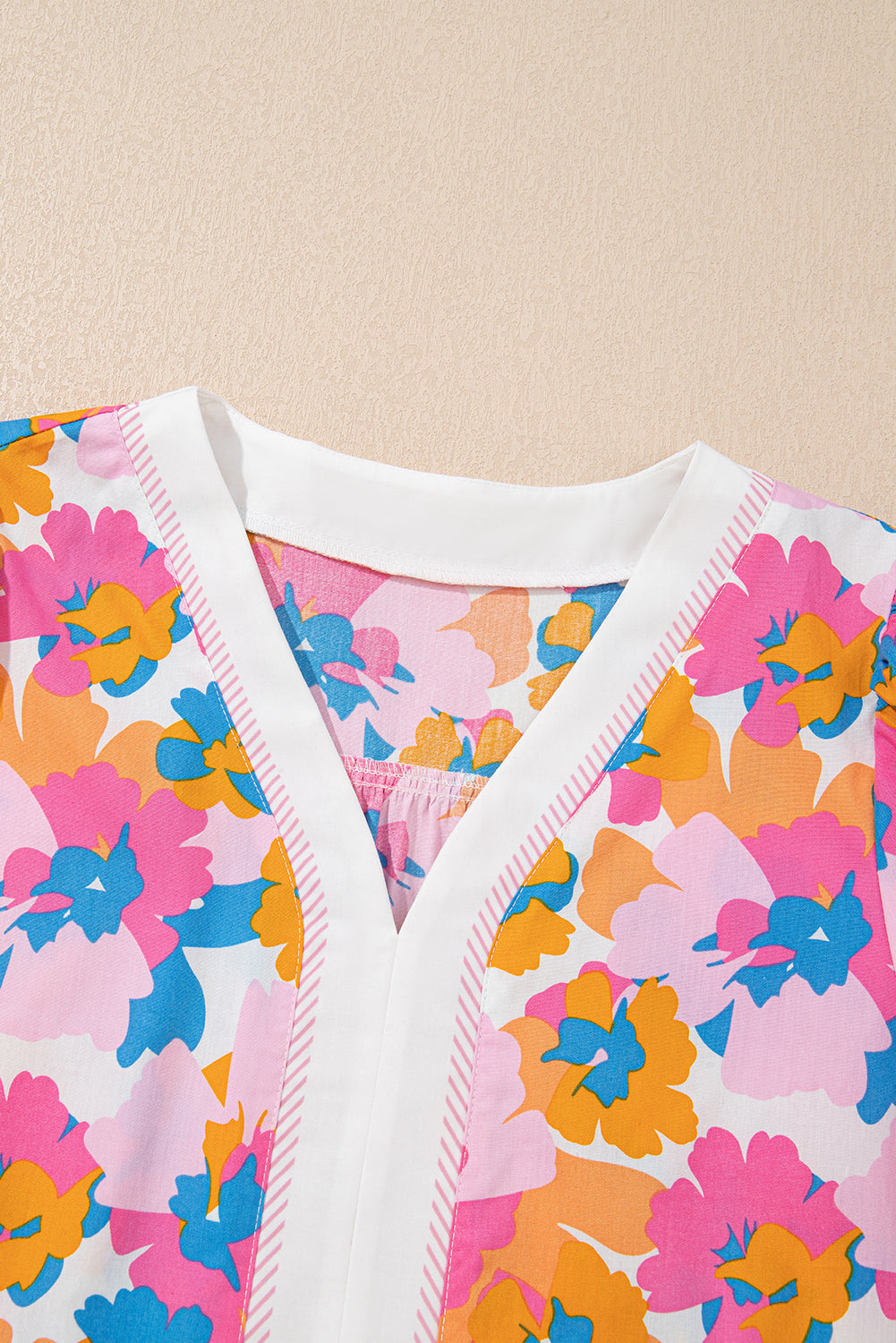 White Floral Colorblock Striped Edge V Neck Knotted Blouse