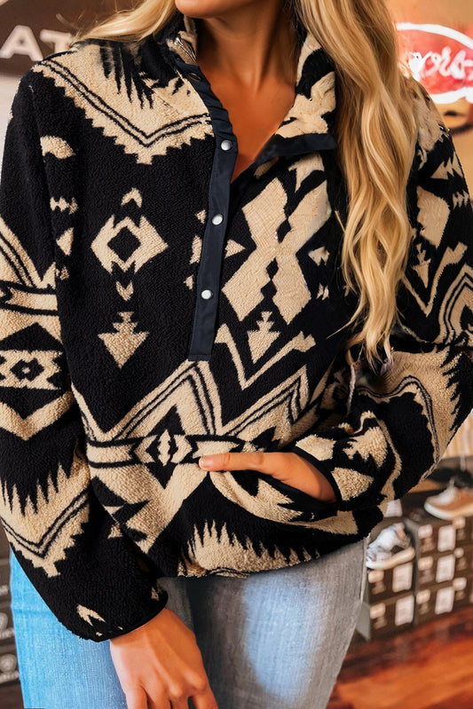 Black Plus Size Western Aztec Pattern Half Button Collared Plush Sweatshirt Dear-Lover Dropshipping