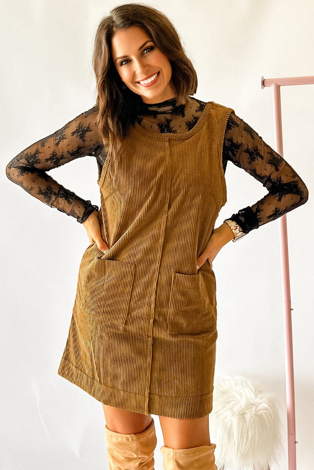 Beige Corduroy Sleeveless Mini Dress With Patched Pockets