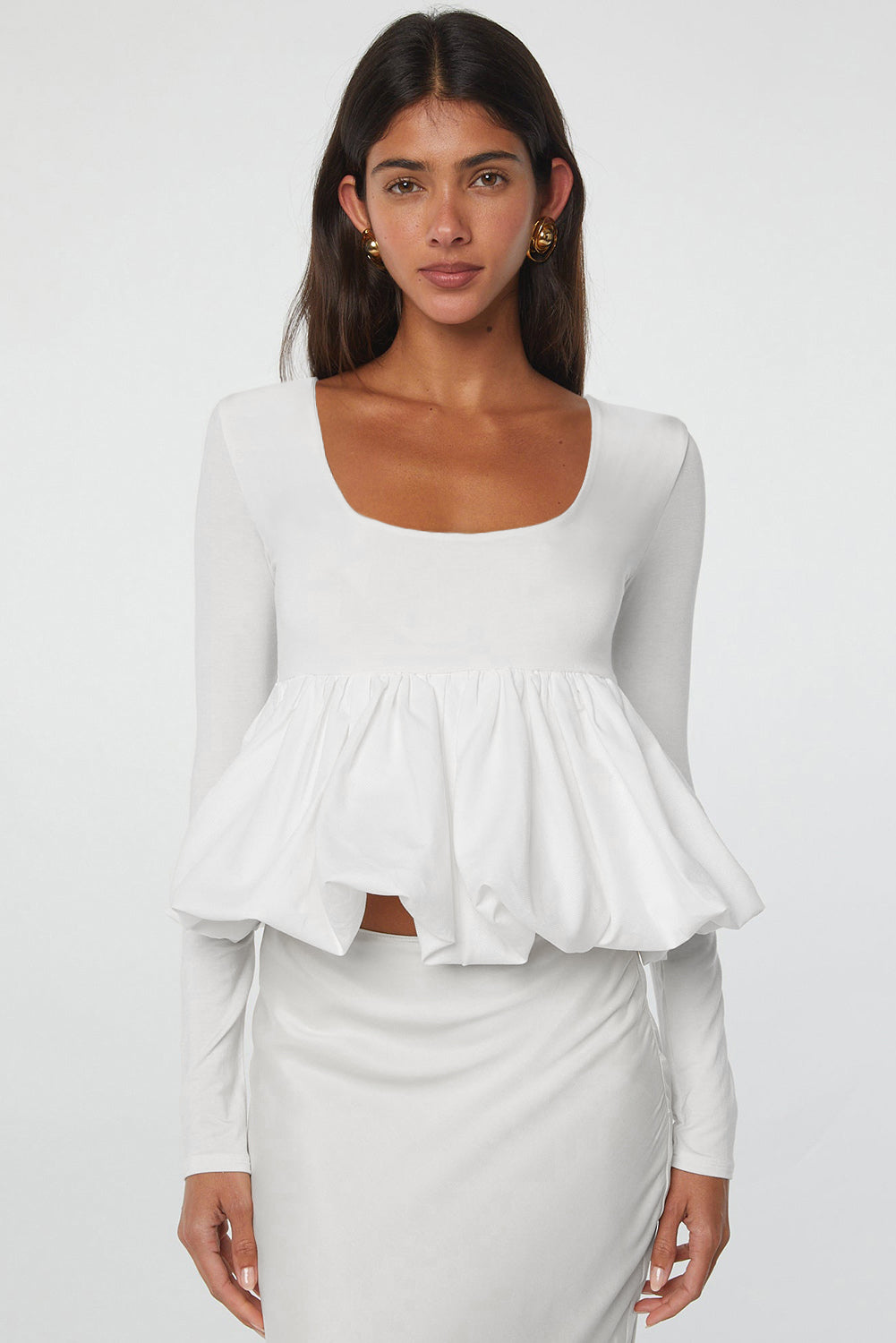 White U Neck Long Sleeve Bubble Hem Top for Women