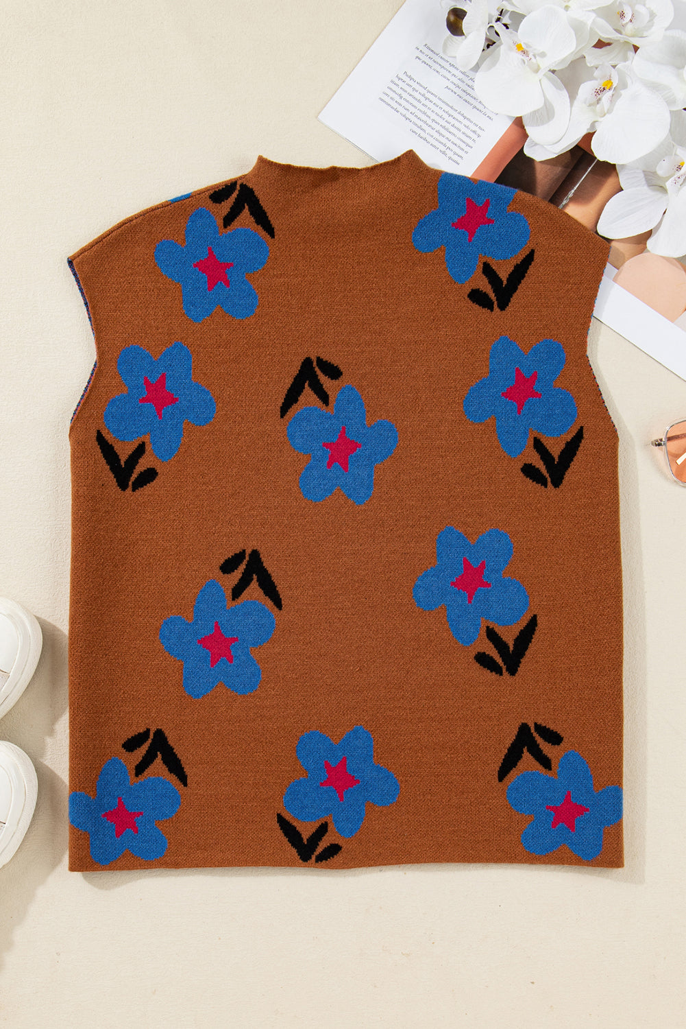 Chestnut Floral High Neck Knit Sweater Vest For Women